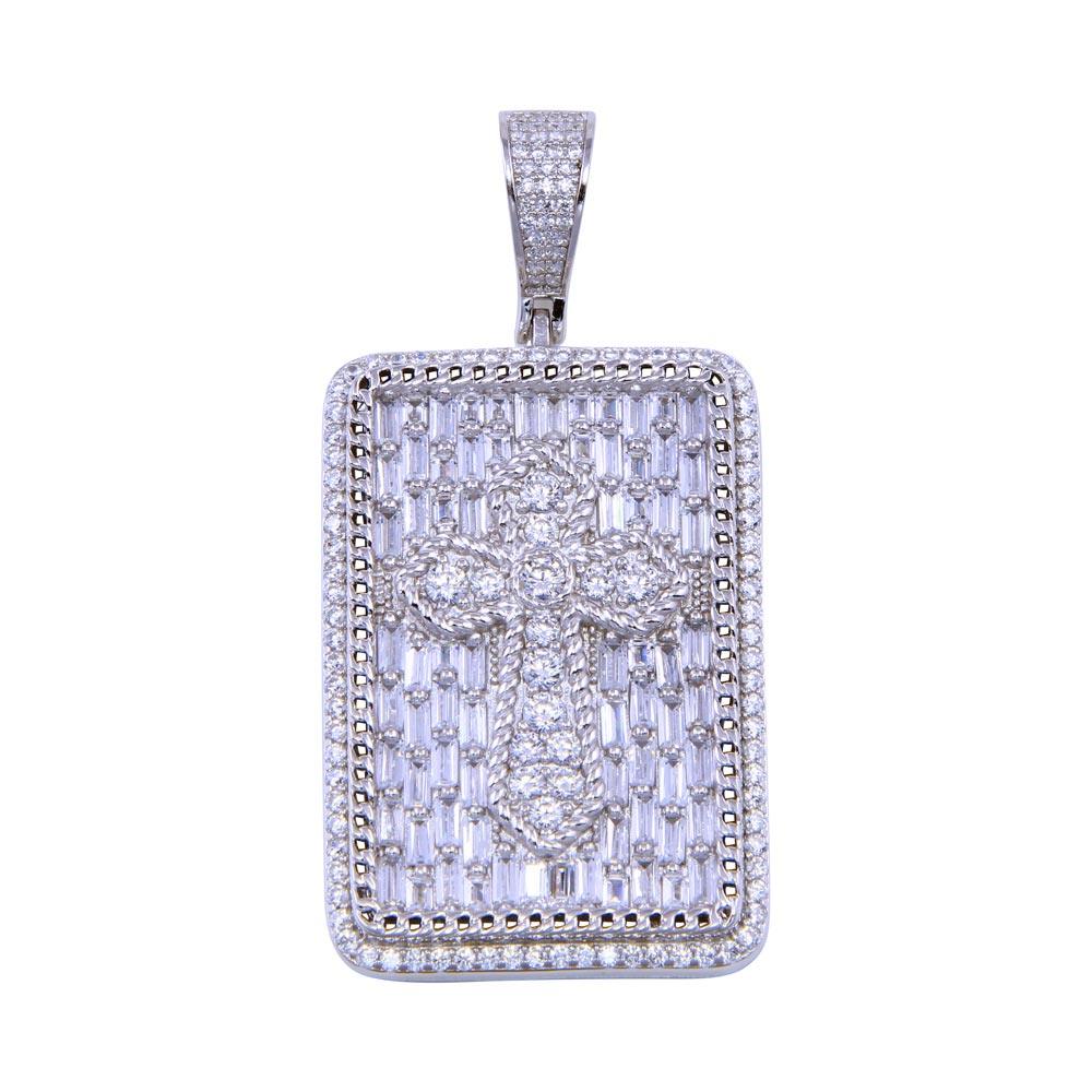 Rhodium Plated 925 Sterling Silver CZ Cross Tag Pendant - SLP00304