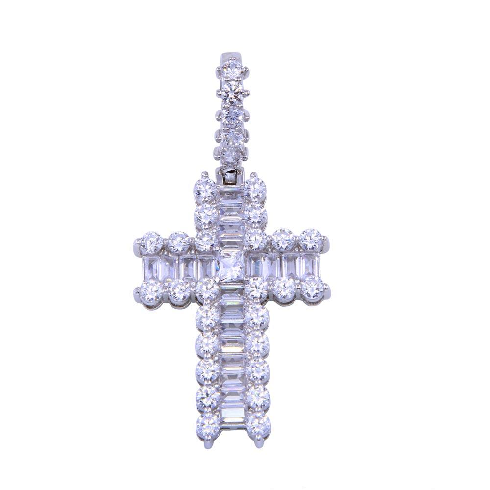 Rhodium Plated 925 Sterling Silver CZ Bordered Baguette Cross Pendant - SLP00306