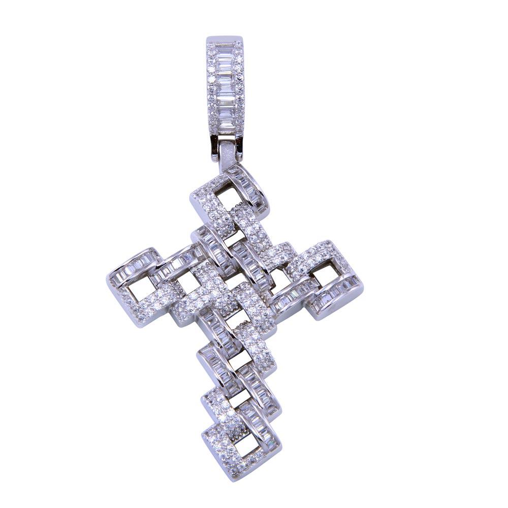 Rhodium Plated 925 Sterling Silver CZ Link Cross Pendant - SLP00308