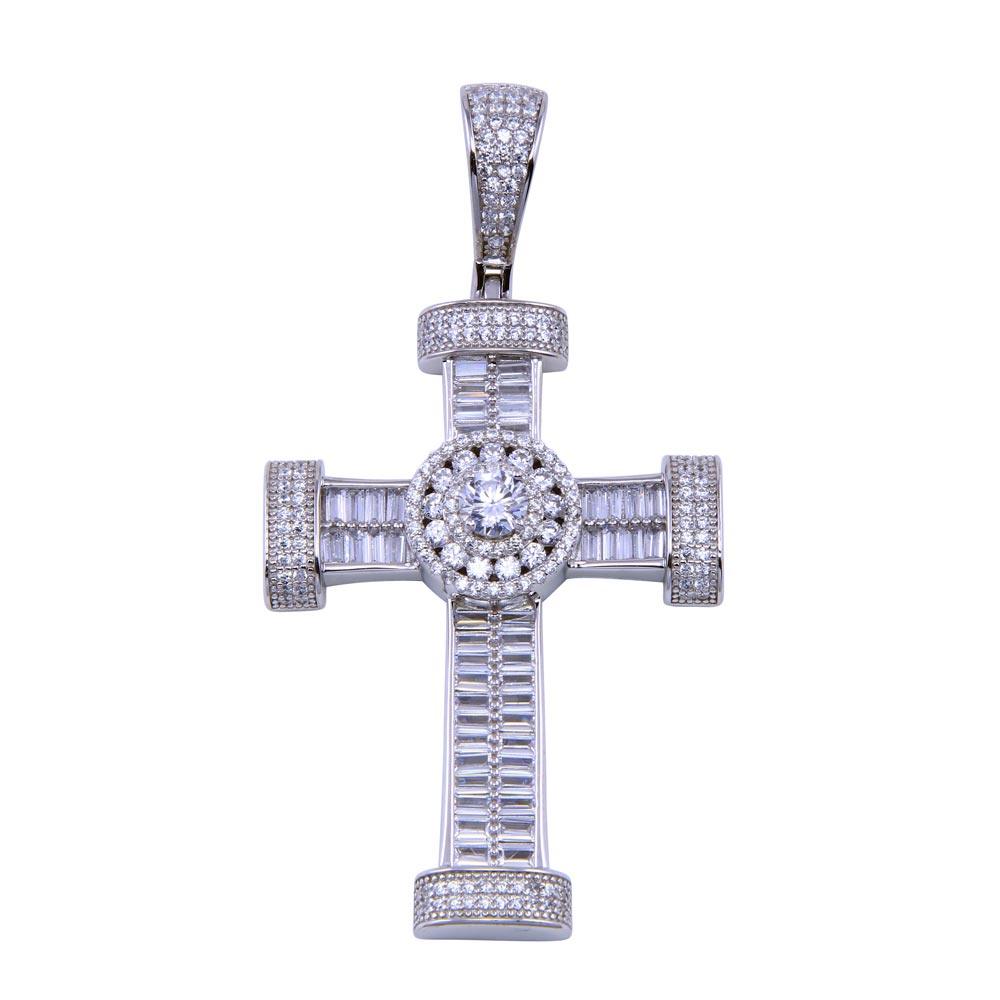 Rhodium Plated 925 Sterling Silver CZ Disc Center Cross Pendant - SLP00309