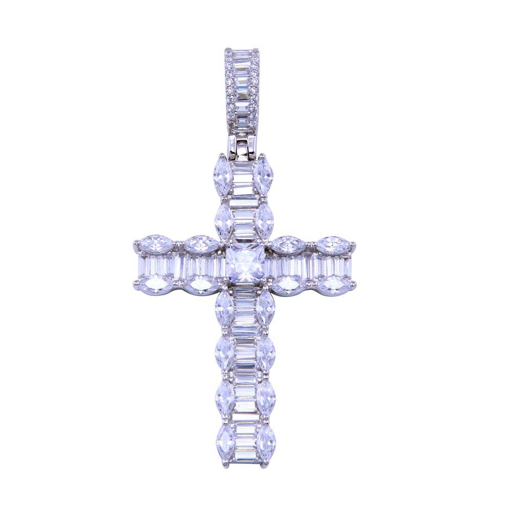 Rhodium Plated 925 Sterling Silver CZ Baguette Cross Pendant - SLP00310