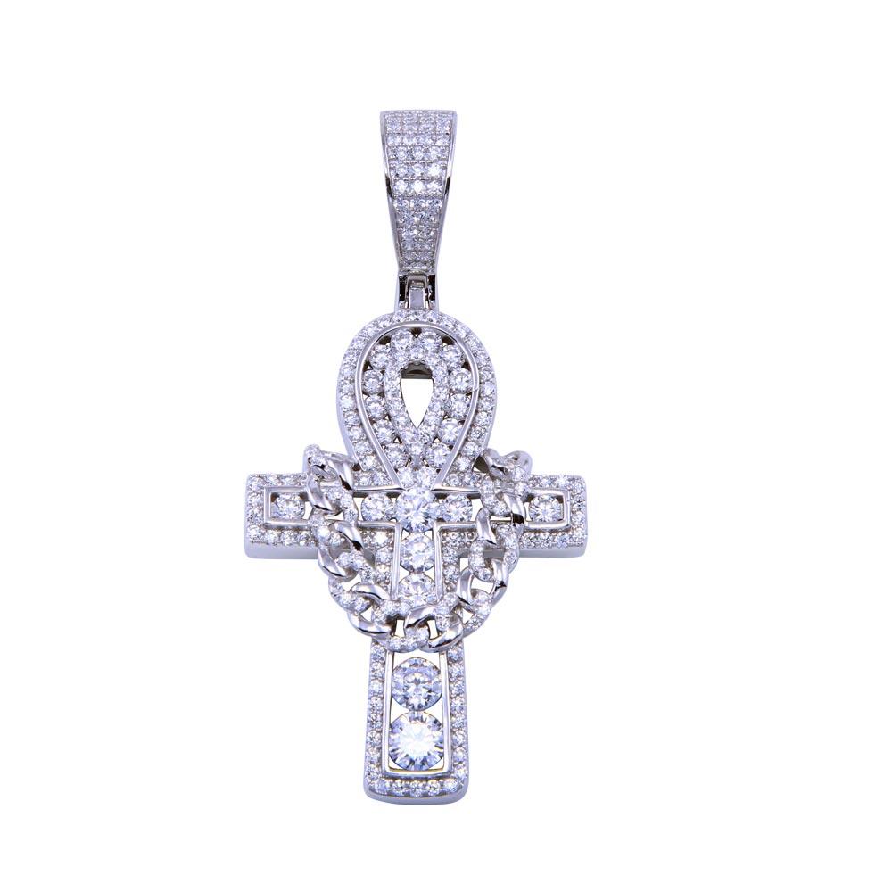 Rhodium Plated 925 Sterling Silver CZ Cross Pendant - SLP00311