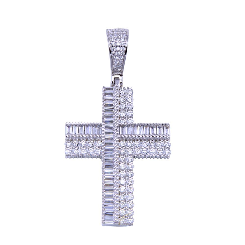 Rhodium Plated 925 Sterling Silver CZ Dual Cross Pendant - SLP00312