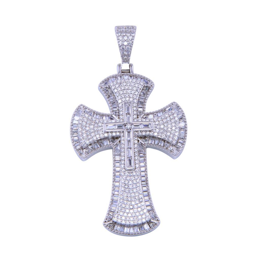 Rhodium Plated 925 Sterling Silver CZ Cross Pendant - SLP00313