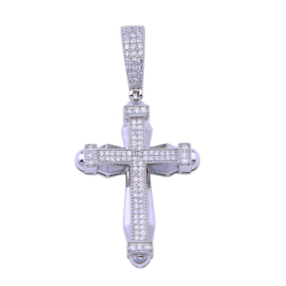 Rhodium Plated 925 Sterling Silver CZ Small Cross Pendant - SLP00317