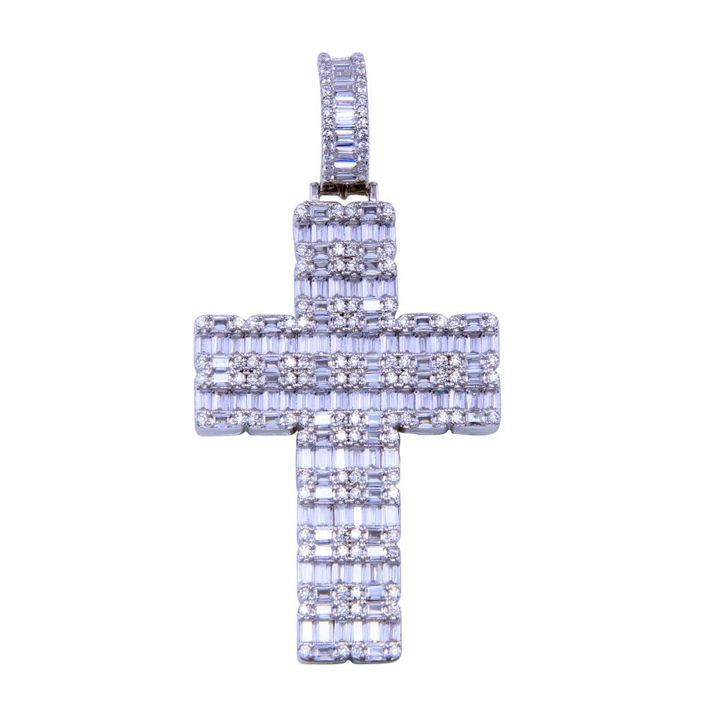 Rhodium Plated 925 Sterling Silver CZ Encrusted Cross Pendant - SLP00318