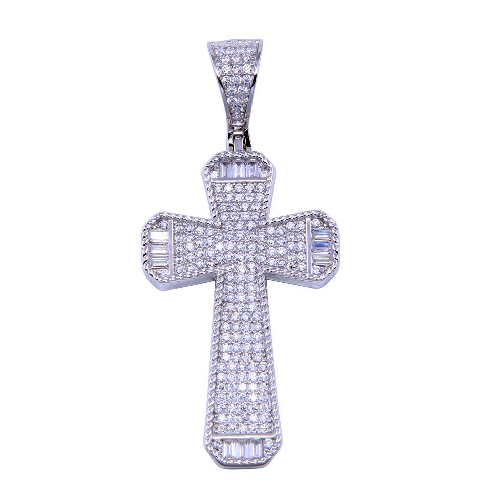 Rhodium Plated 925 Sterling Silver CZ Cross Pendant - SLP00319