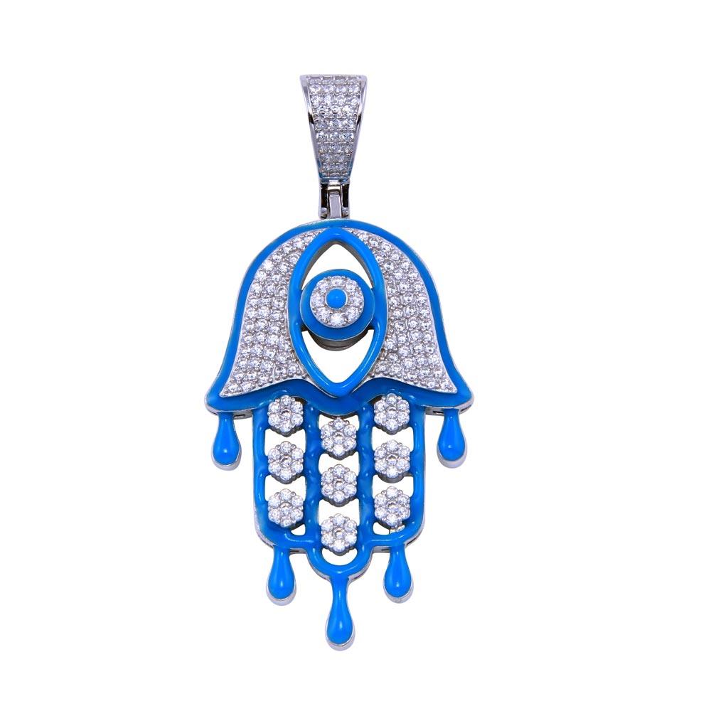 Rhodium Plated 925 Sterling Silver CZ Blue Glow Enamel Hamsa Hand Pendant - SLP00320