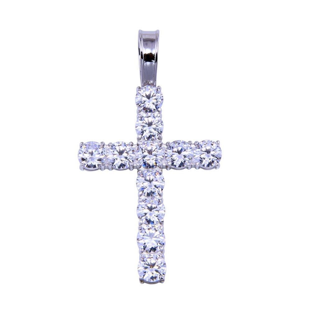 Rhodium Plated 925 Sterling Silver CZ Small Bubble Cross Pendant - SLP00321