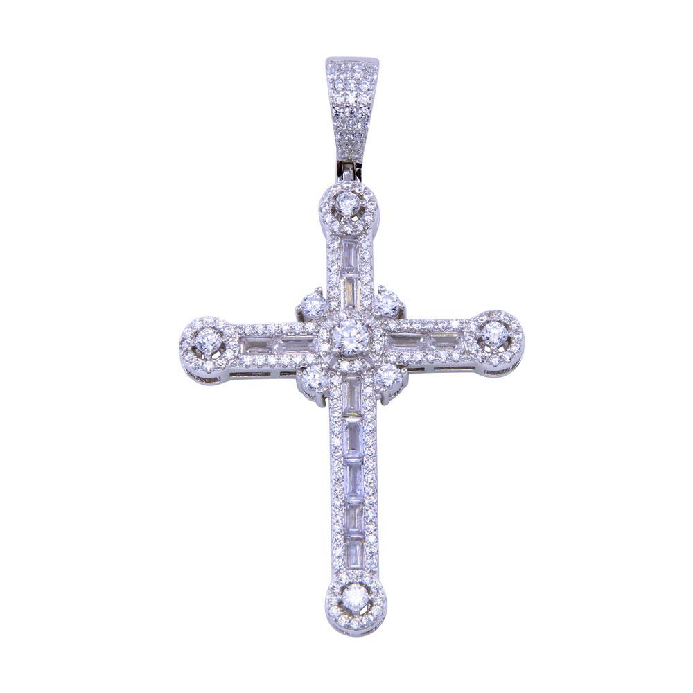 Rhodium Plated 925 Sterling Silver CZ Baguette Cross Pendant - SLP00322