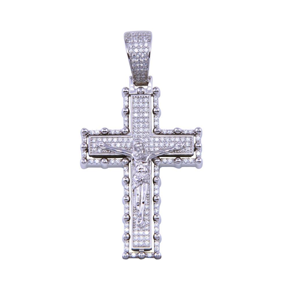 Rhodium Plated 925 Sterling Silver CZ Cross Pendant - SLP00323