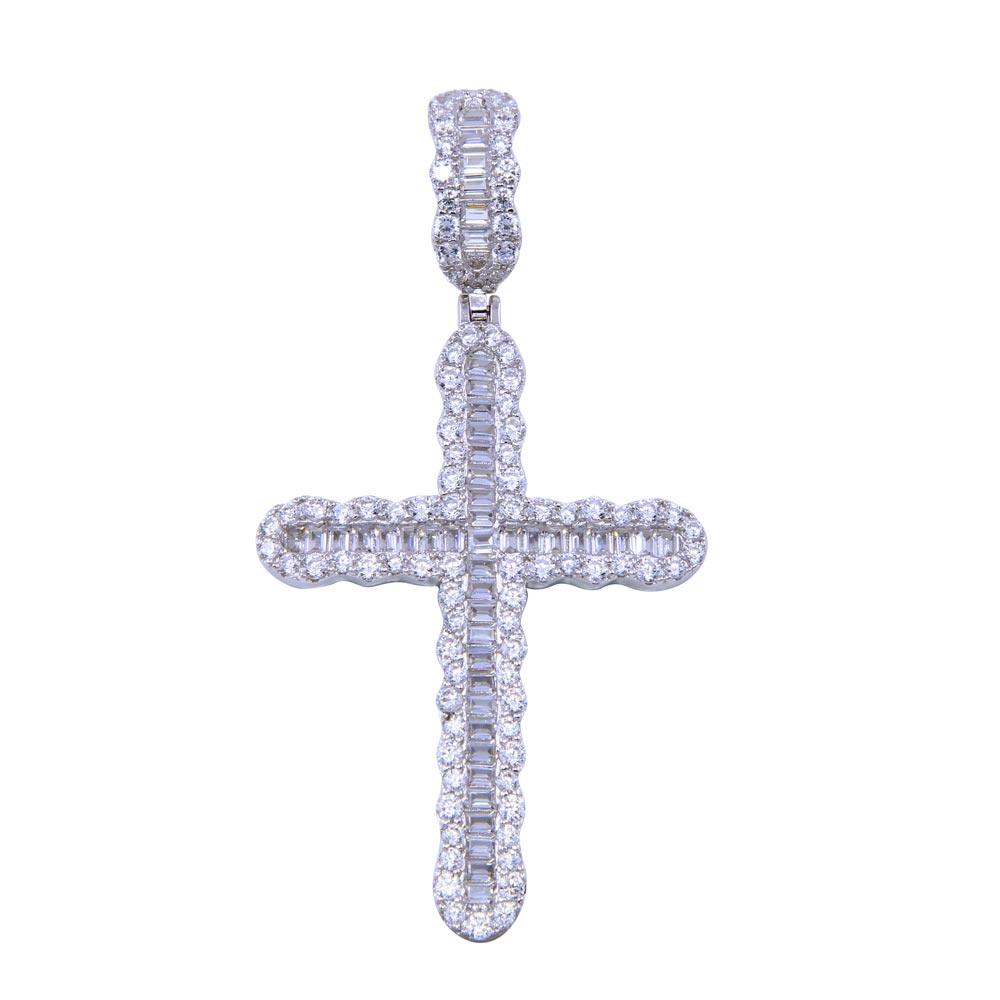 Rhodium Plated 925 Sterling Silver CZ Bordered Cross Pendant - SLP00324