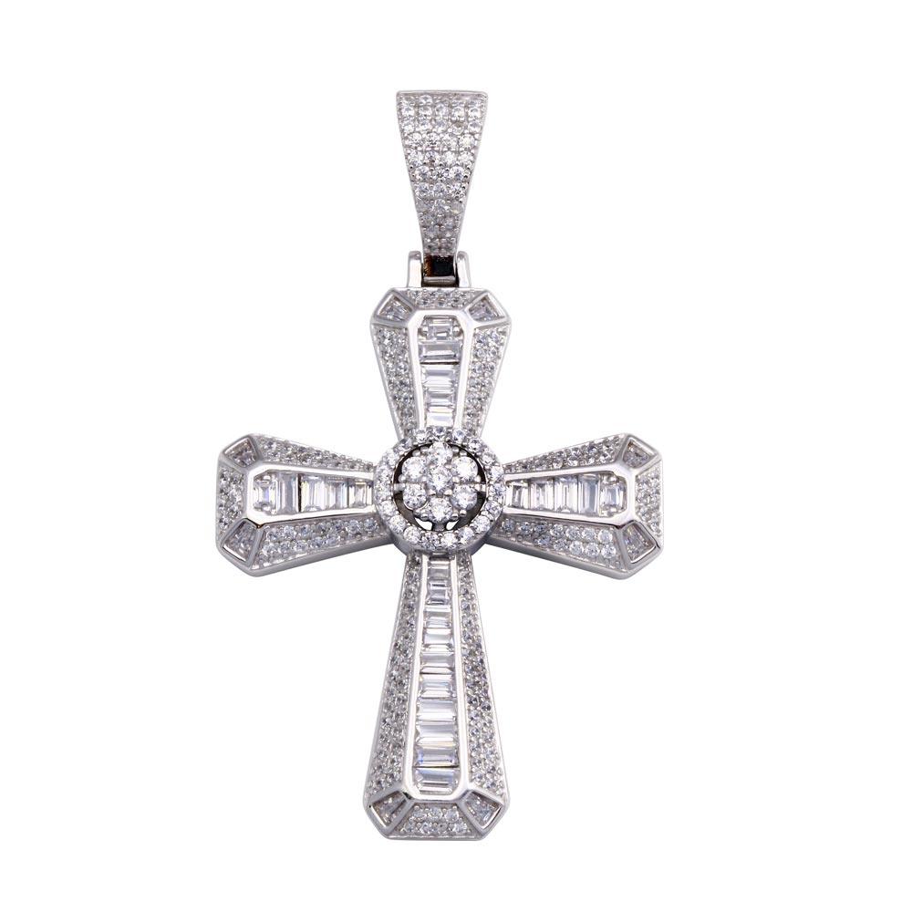 Rhodium Plated 925 Sterling Silver CZ Cross Disc Center Hip Hop Pendant - SLP00325