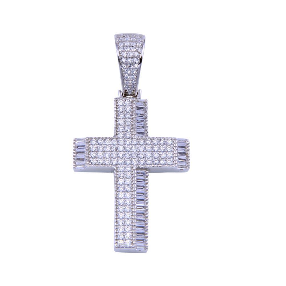 Rhodium Plated 925 Sterling Silver CZ Small Dual Cross Pendant - SLP00326