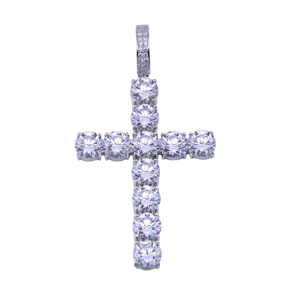 Rhodium Plated 925 Sterling Silver CZ Large Bubble Cross Pendant - SLP00327