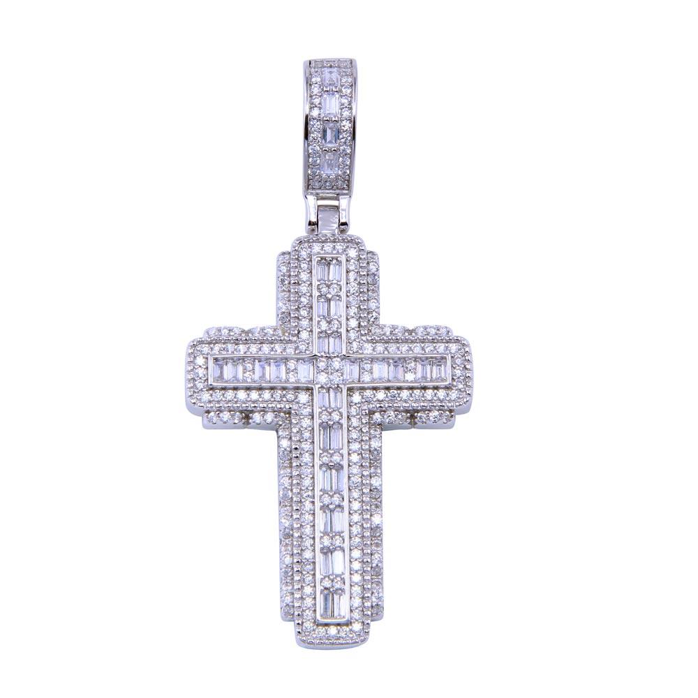 Rhodium Plated 925 Sterling Silver CZ Cross Pendant - SLP00329