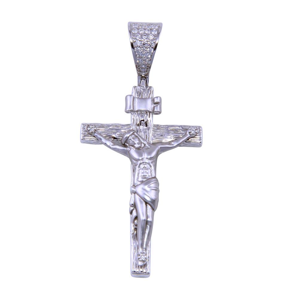 Rhodium Plated 925 Sterling Silver CZ Small Wooden Crucifix Pendant - SLP00330