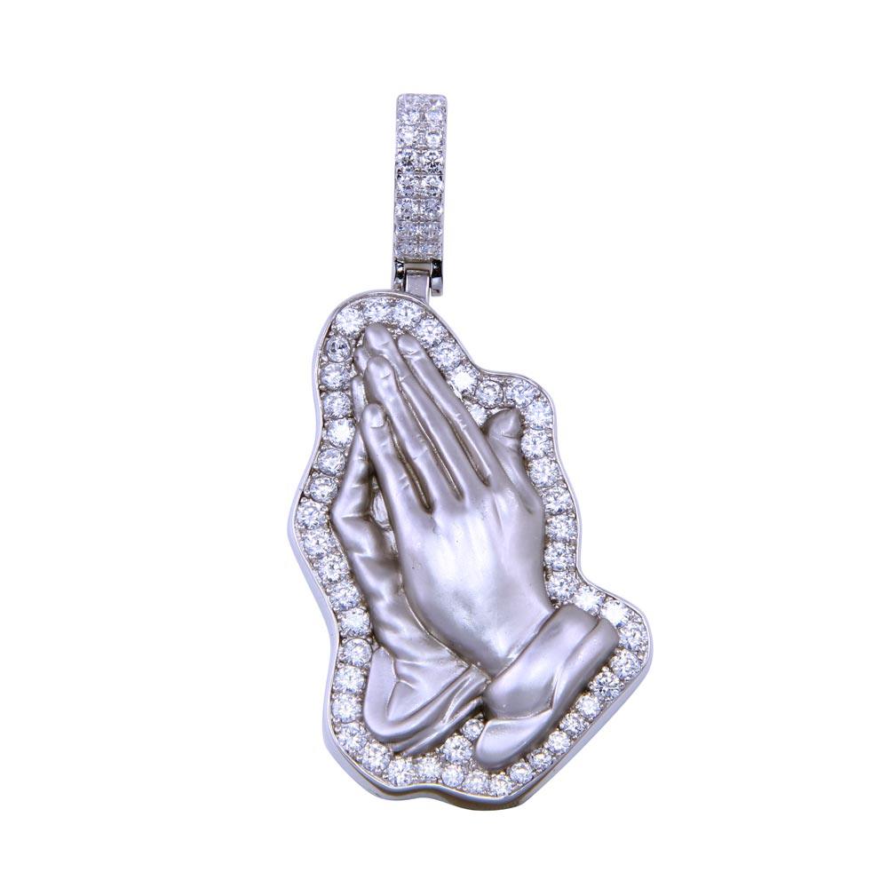 Rhodium Plated 925 Sterling Silver CZ Prayer Hand Pendant - SLP00331