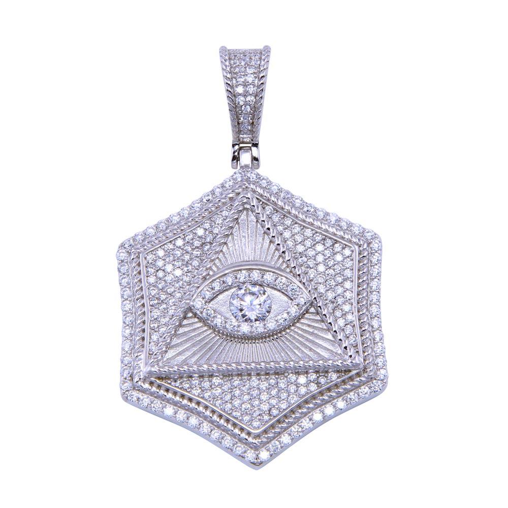 Rhodium Plated 925 Sterling Silver CZ Triangle Eye Pendant - SLP00332