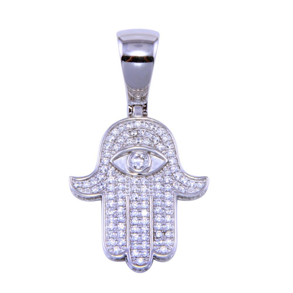 Rhodium Plated 925 Sterling Silver CZ Small Hamsa Pendant - SLP00333