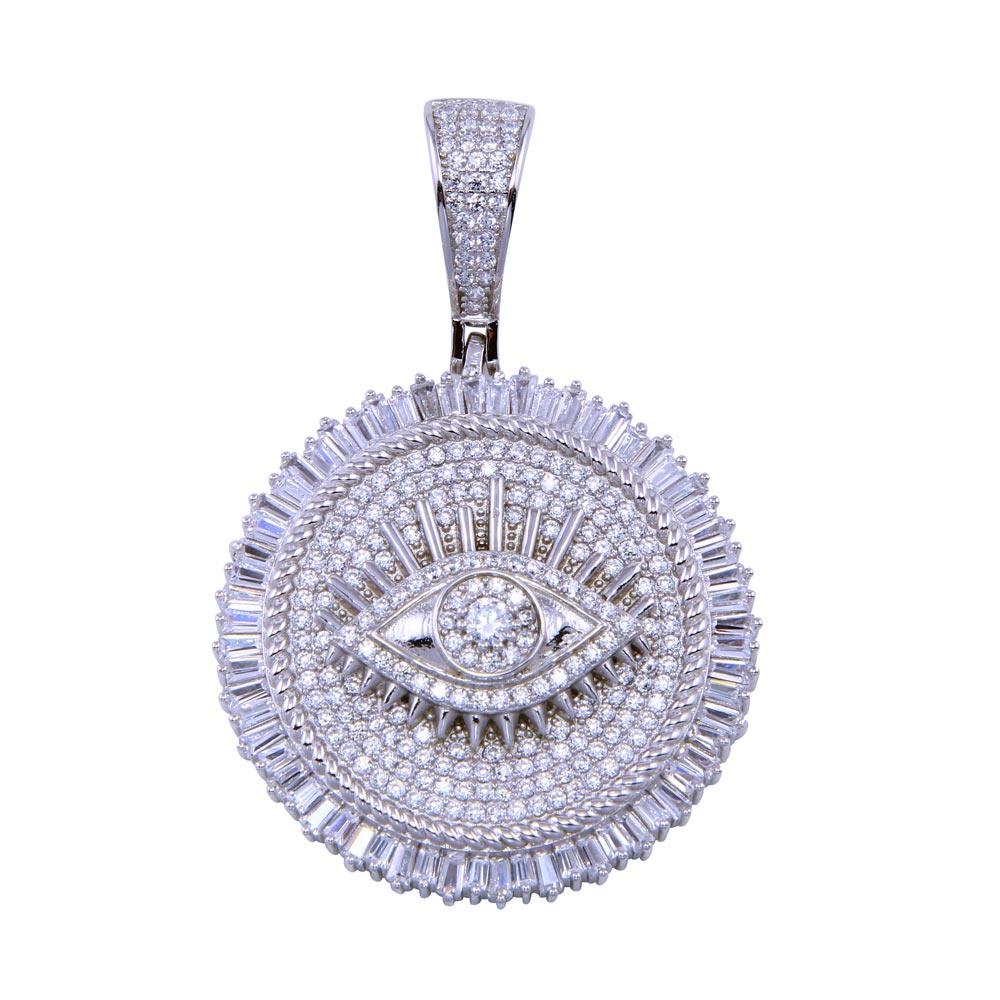 Rhodium Plated 925 Sterling Silver CZ Encrusted Eye Disc Pendant - SLP00335