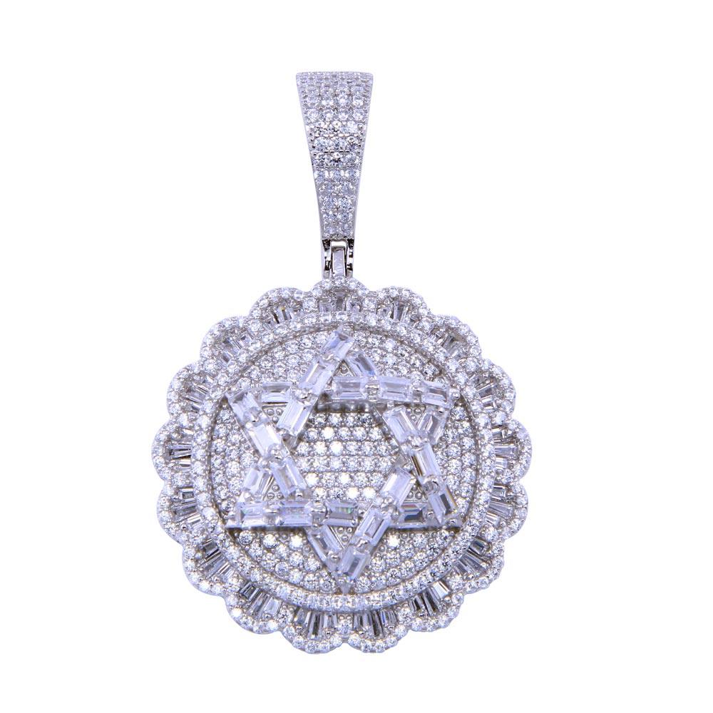 Rhodium Plated 925 Sterling Silver CZ Disc Star of David Pendant - SLP00336