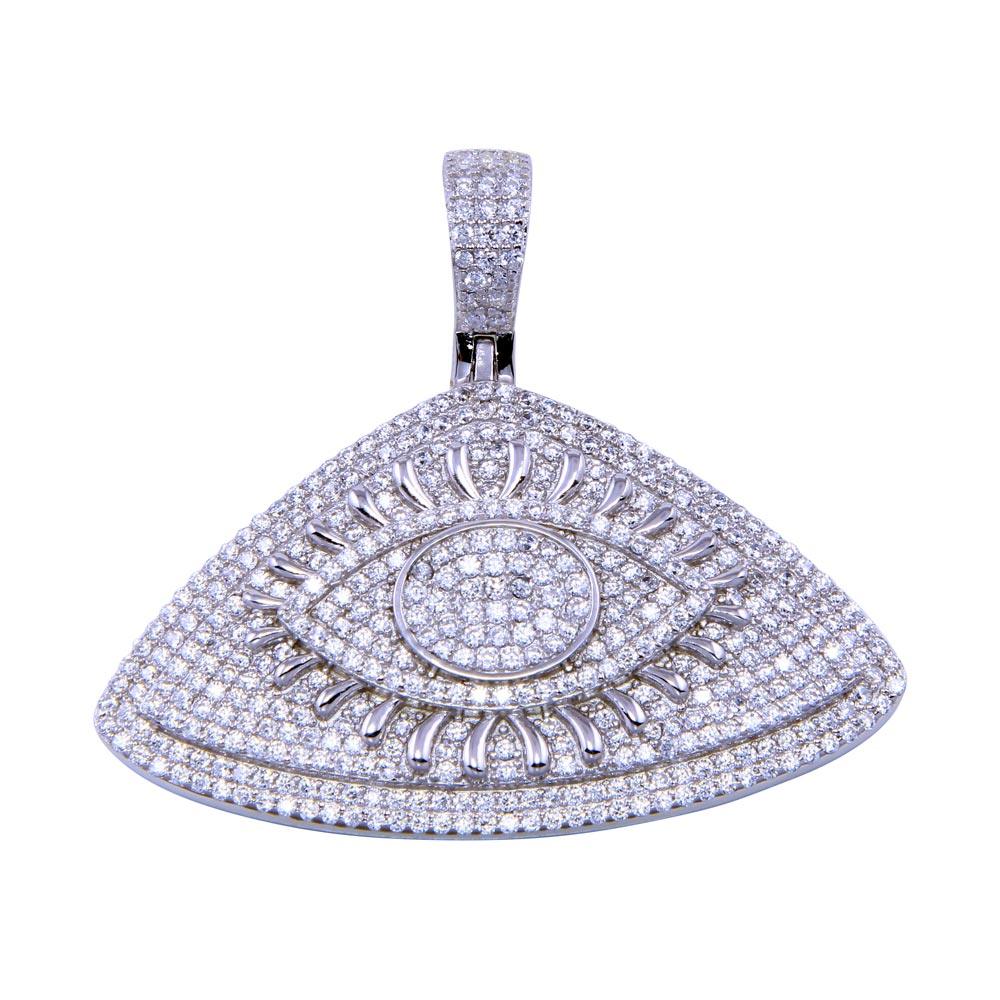 Rhodium Plated 925 Sterling Silver CZ Encrusted Eye Clear CZ Pendant - SLP00339