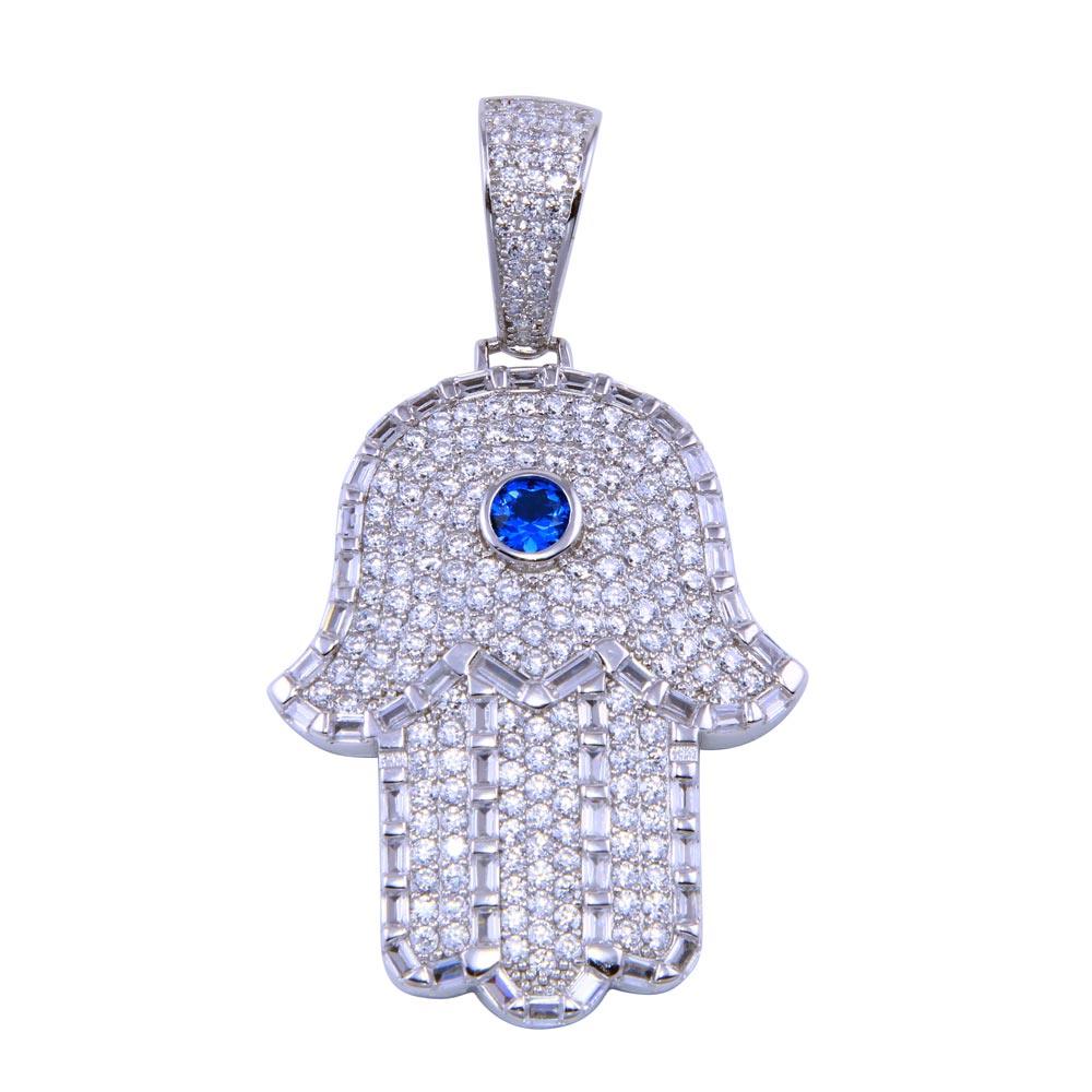 Rhodium Plated 925 Sterling Silver Blue CZ Center Hamsa Pendant - SLP00340