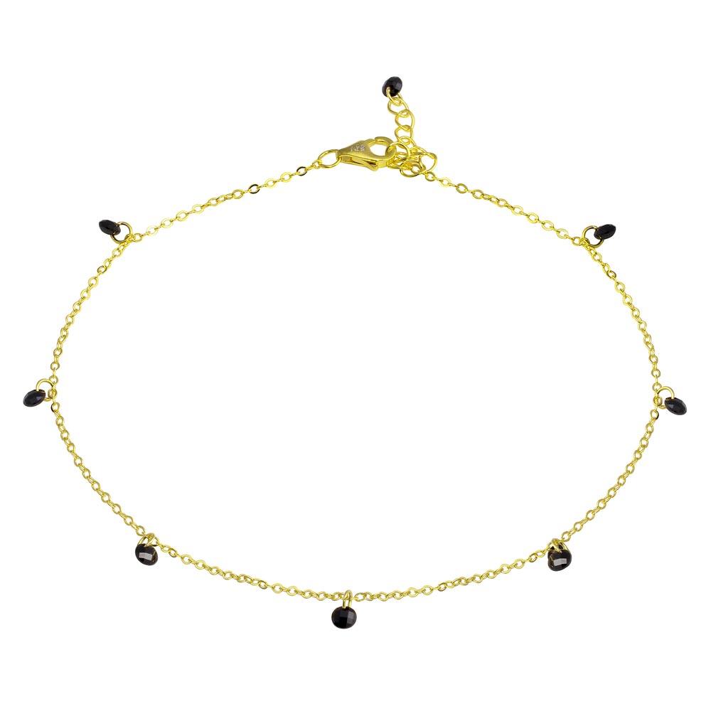 Gold Plated 925 Sterling Silver Dangling Black CZ Anklet - STA00572GP