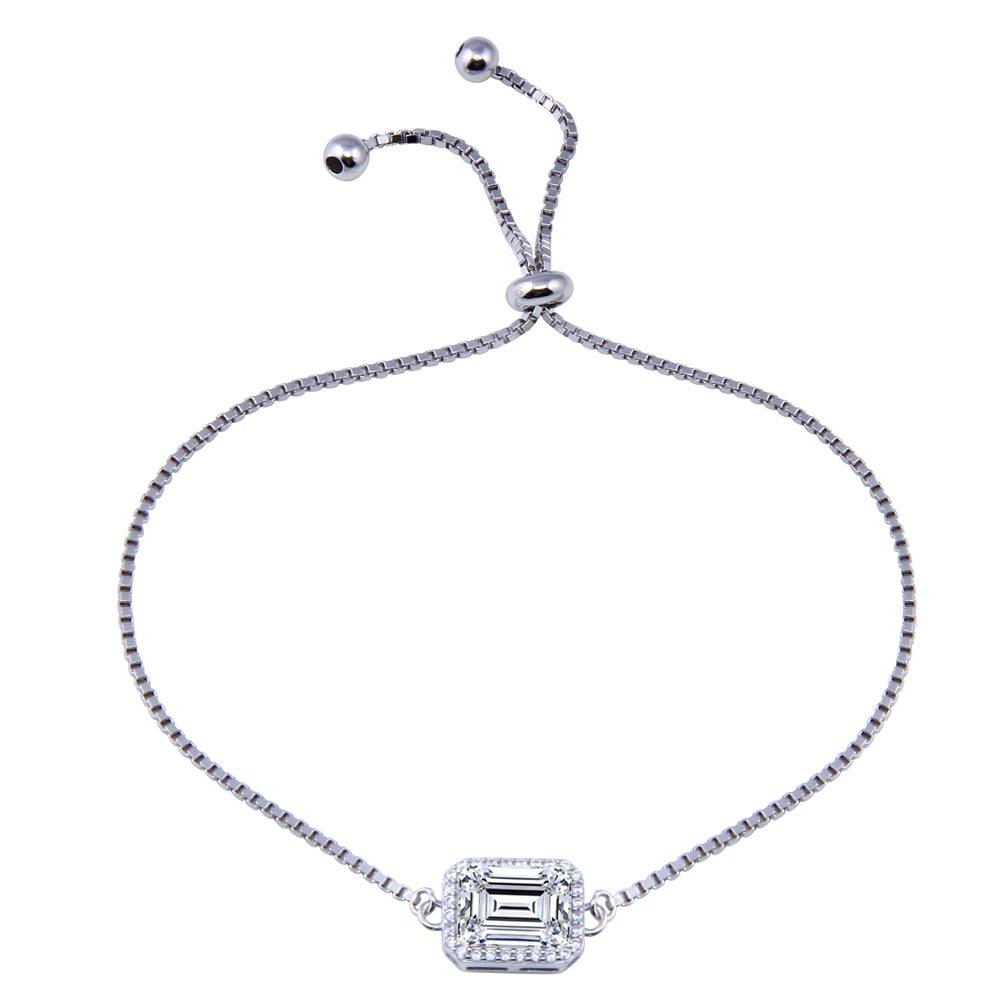 Rhodium Plated 925 Sterling Silver Round Clear CZ Rectangle Adjustable Bracelet - STB00615-CZ