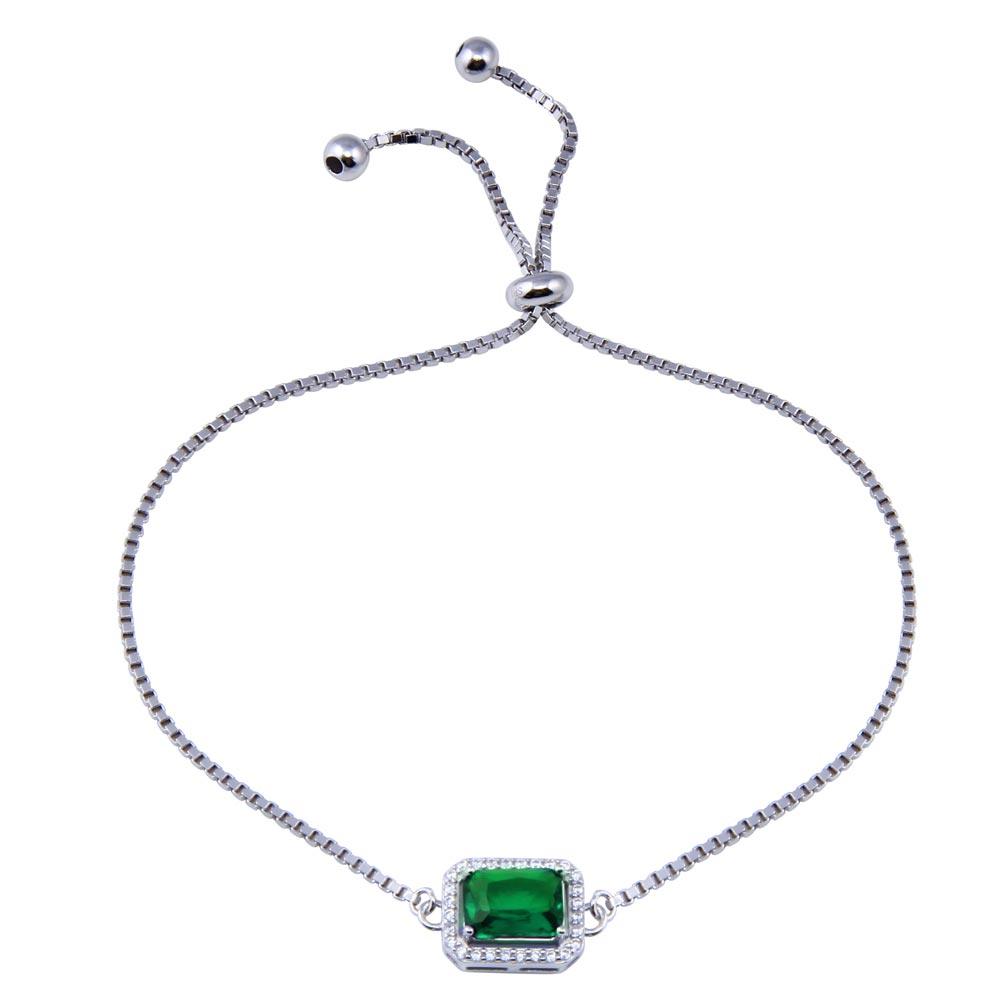 Rhodium Plated 925 Sterling Silver Round Green and Clear CZ Rectangle Adjustable Bracelets - STB00615-GREEN