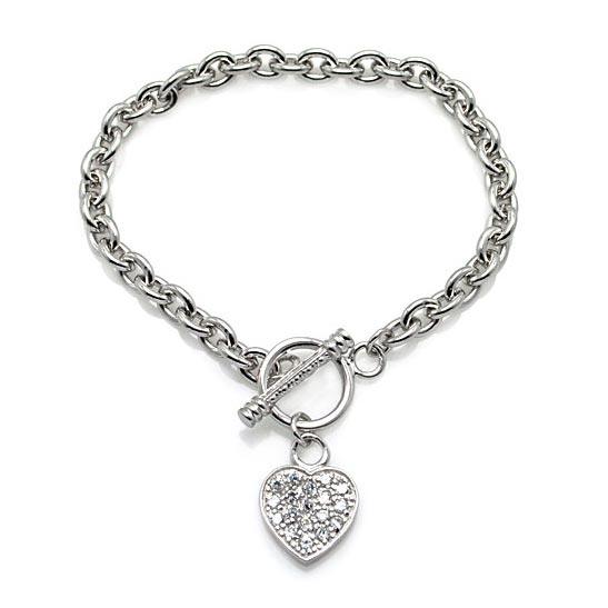 Silver 925 Rhodium Plated Clear CZ Heart Bracelet - STB00026