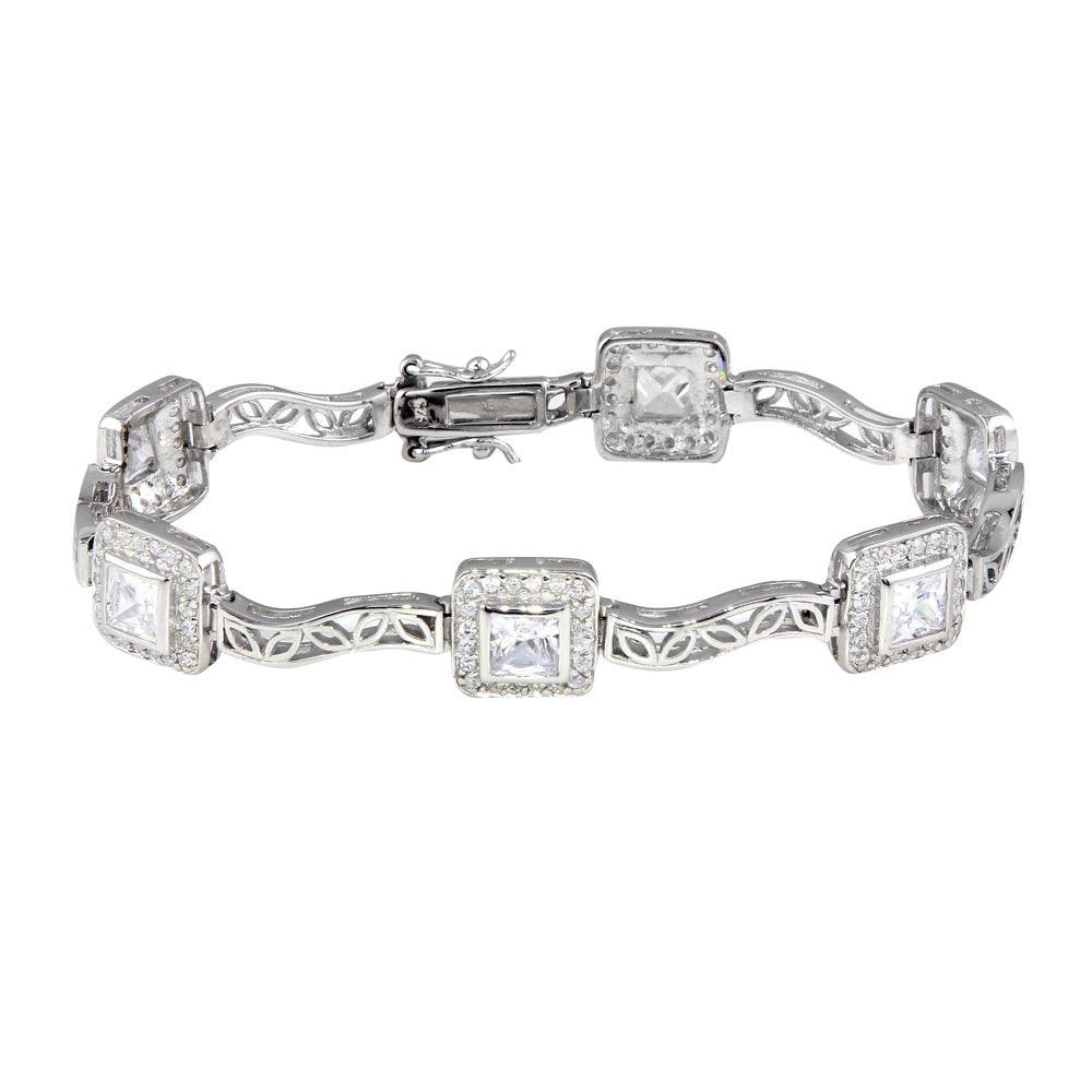 Silver 925 Rhodium Plated Clear Round and Square CZ Bracelet - STB00033