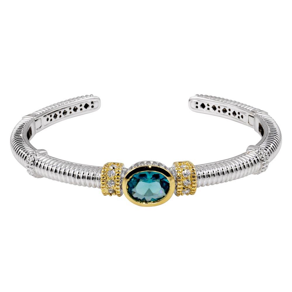 Rhodium Plated 925 Sterling Silver Open Cuff Bangle with Turquoise CZ - STB00180