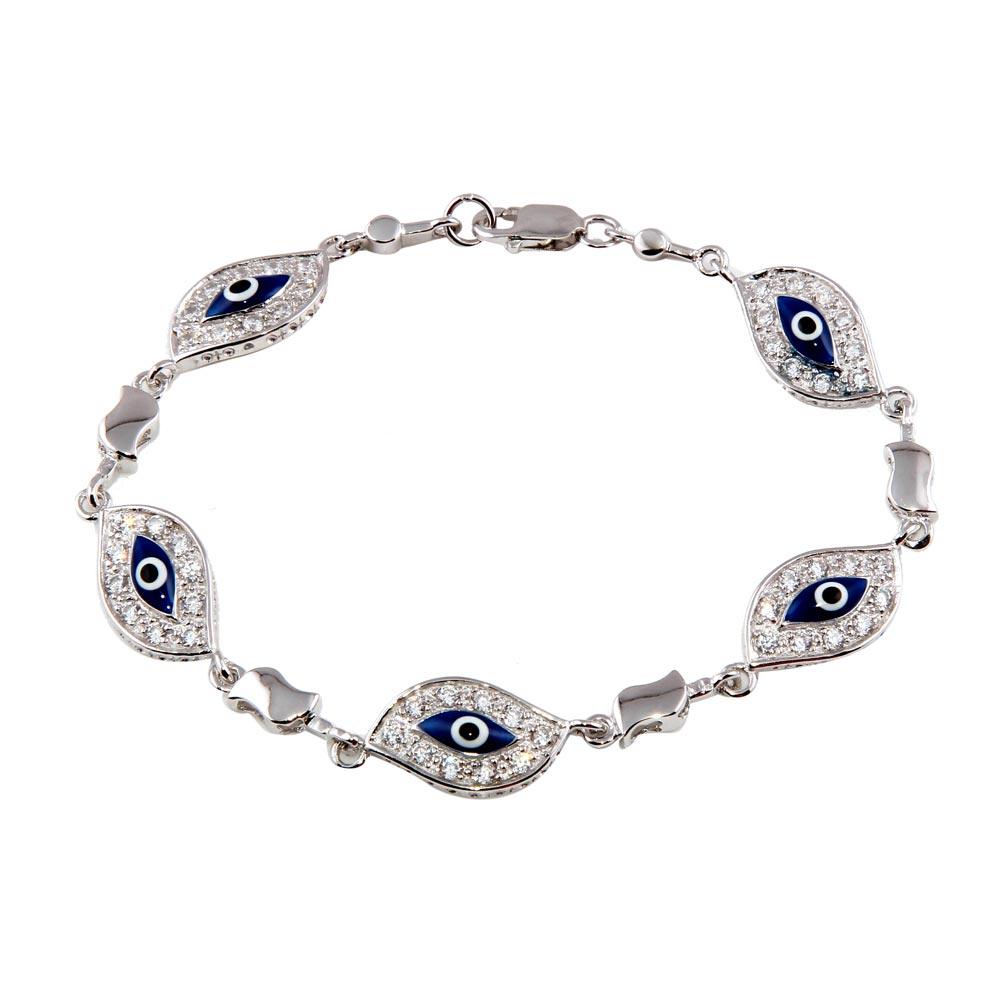 Silver 925 Rhodium Plated Evil Eye Clear CZ Bracelet - STB00272