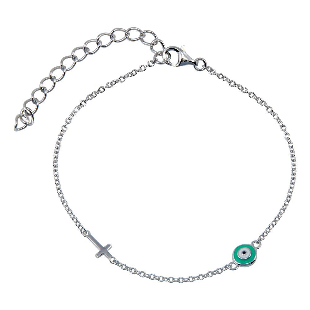 Rhodium Plated 925 Sterling Silver Enamel Evil Eye with Cross Bracelet - STB00385