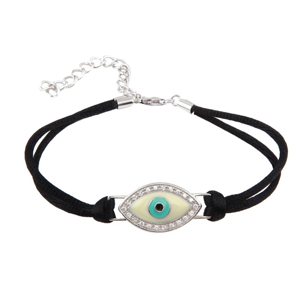 Silver 925 Rhodium Plated Small Evil Eye Clear CZ Black Cord Bracelet - STB00412