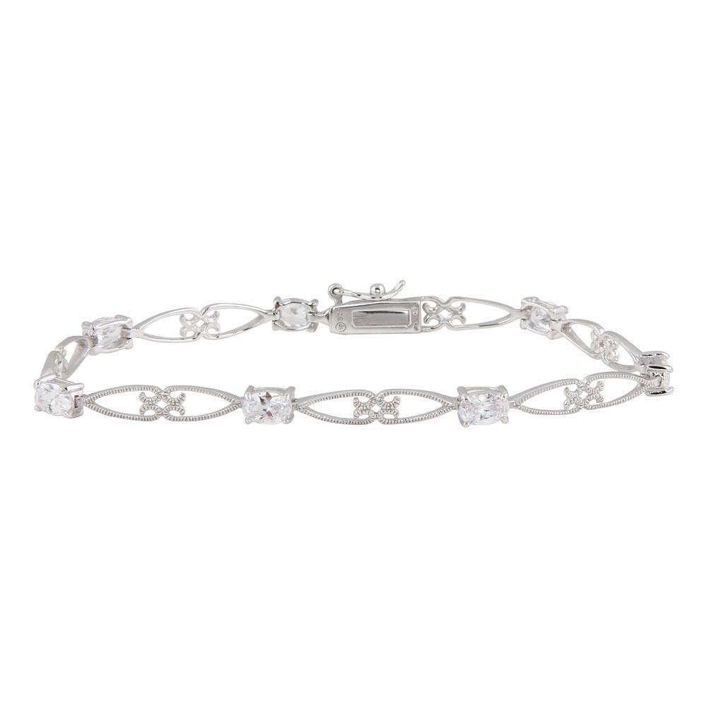 Silver 925 Rhodium Plated Clear CZ Elongated Heart Link Bracelet - STB00422