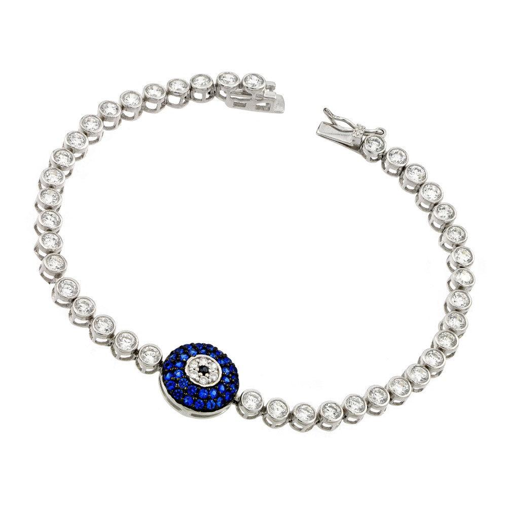 Silver 925 Rhodium Plated Evil Eye Clear and Blue CZ Tennis Bracelet - STB00507