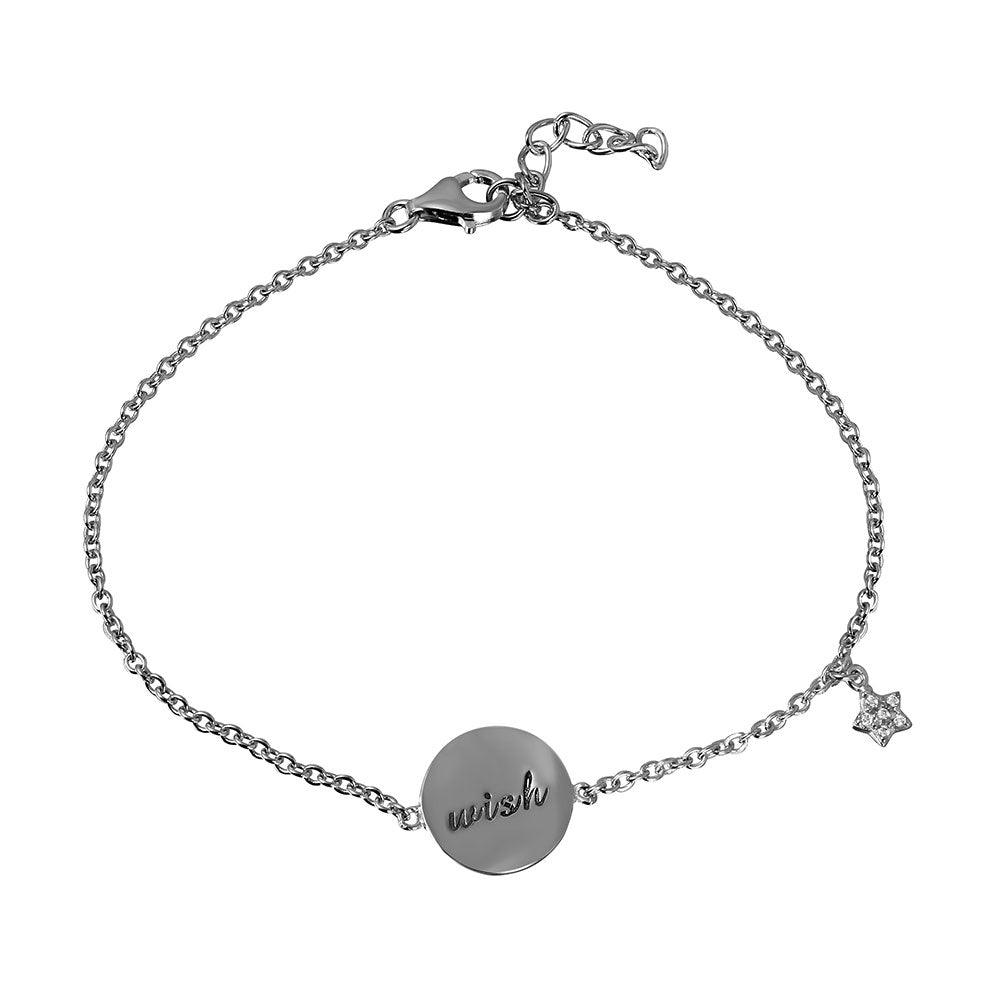 Silver 925 Rhodium Plated Bracelet with Disc Engraved with and Dangle CZ Star - STB00528