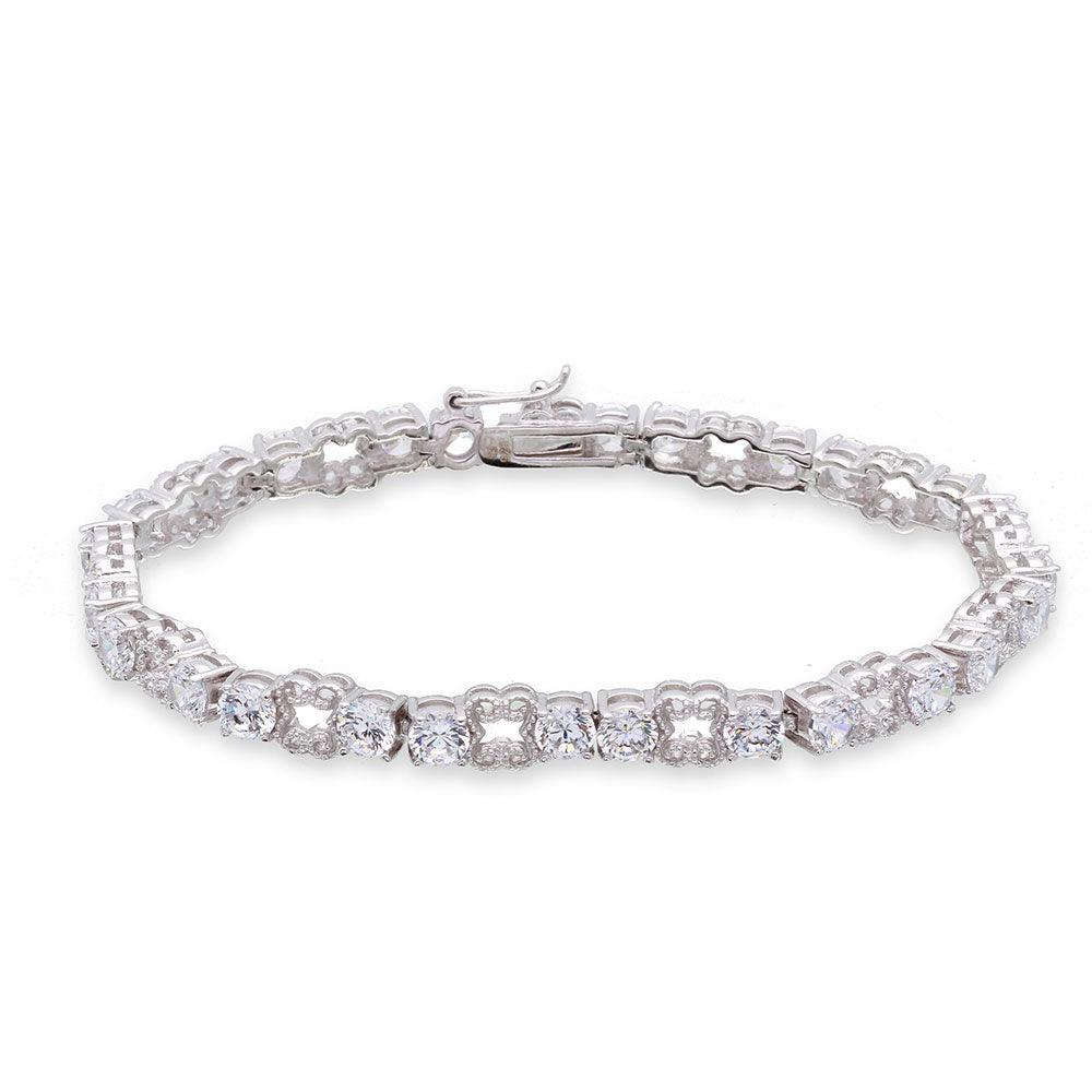 Rhodium Plated 925 Sterling Silver Round CZ Alternating Tennis Bracelet - STB00531