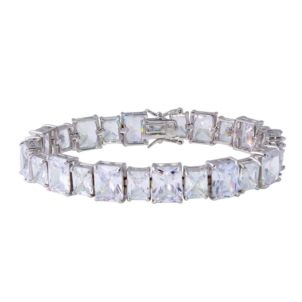 Rhodium Plated 925 Sterling Silver 11mm Alternating Large and Small Rectangle CZ Tennis Bracelet - STB00544RH