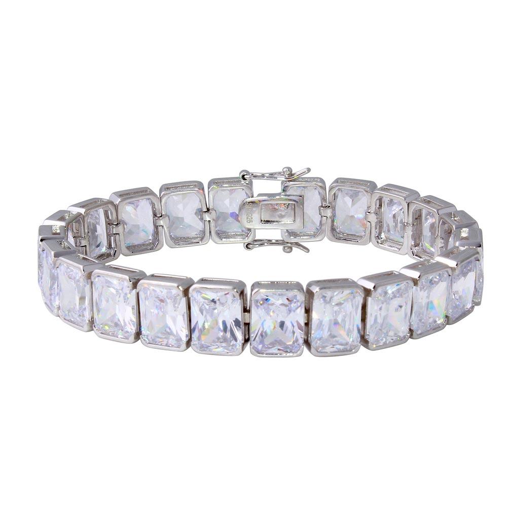 Rhodium Plated 925 Sterling Silver 12mm Rectangle Cushion CZ Tennis Bracelet - STB00545RH