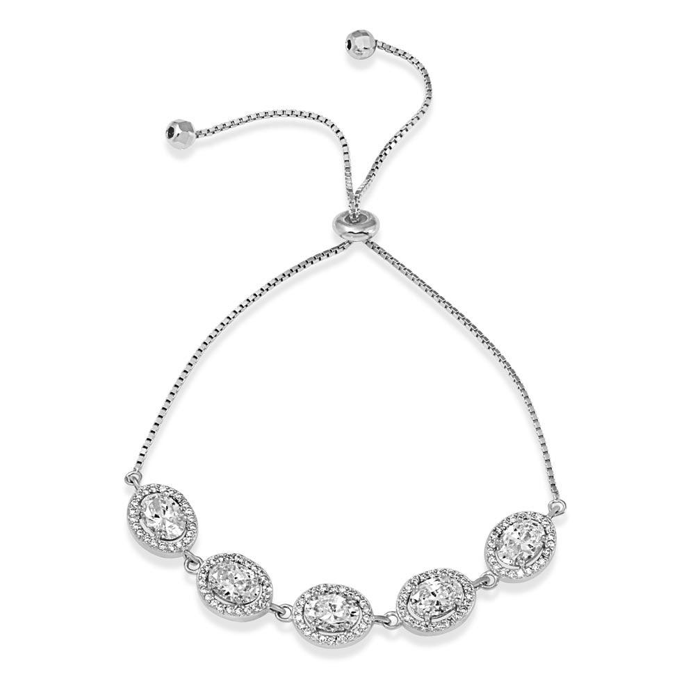 Rhodium Plated 925 Sterling Silver 5 Micro Pave Clear Oval and Clear Round CZ Lariat Bracelet - STB00548CZ