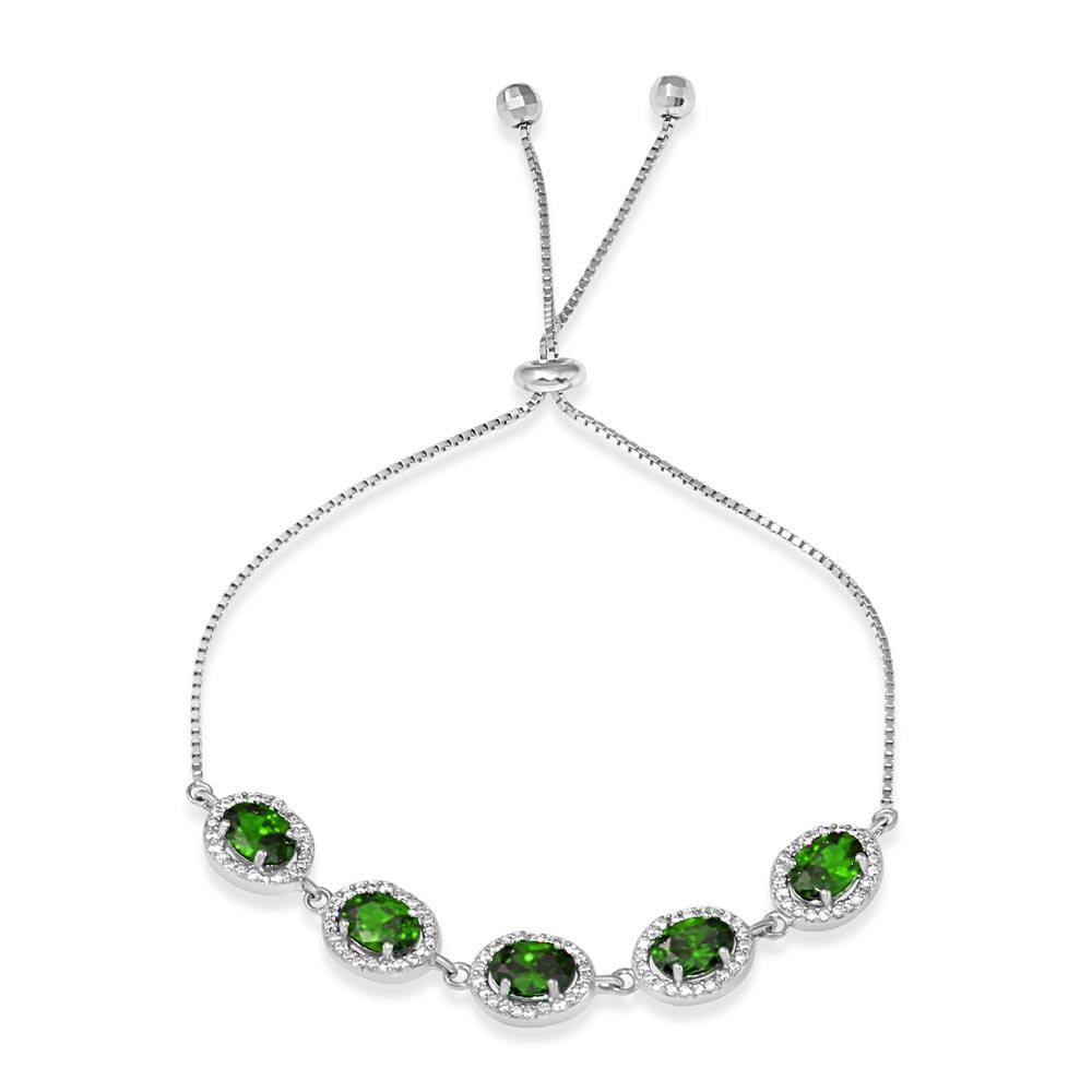 Rhodium Plated 925 Sterling Silver 5 Micro Pave Green Oval and Clear Round CZ Lariat Bracelet - STB00548GRN