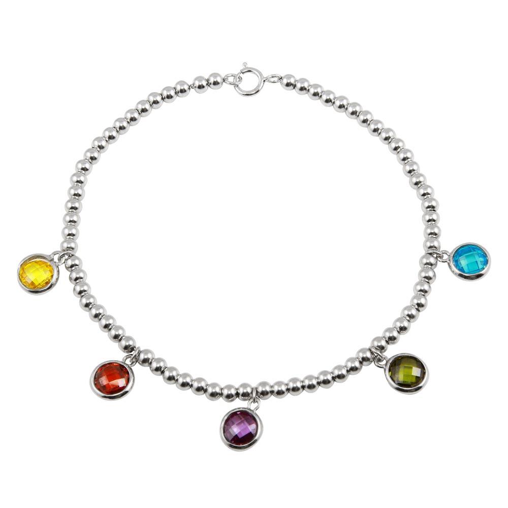 Rhodium Plated 925 Sterling Silver Multi-Colored Round CZ Stone Bracelet - STB00552