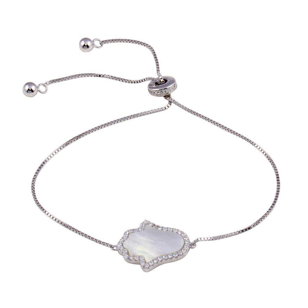 Rhodium Plated 925 Sterling Silver Lariat Side Way Mother of Pearl Hamsa CZ Bracelet - STB00574