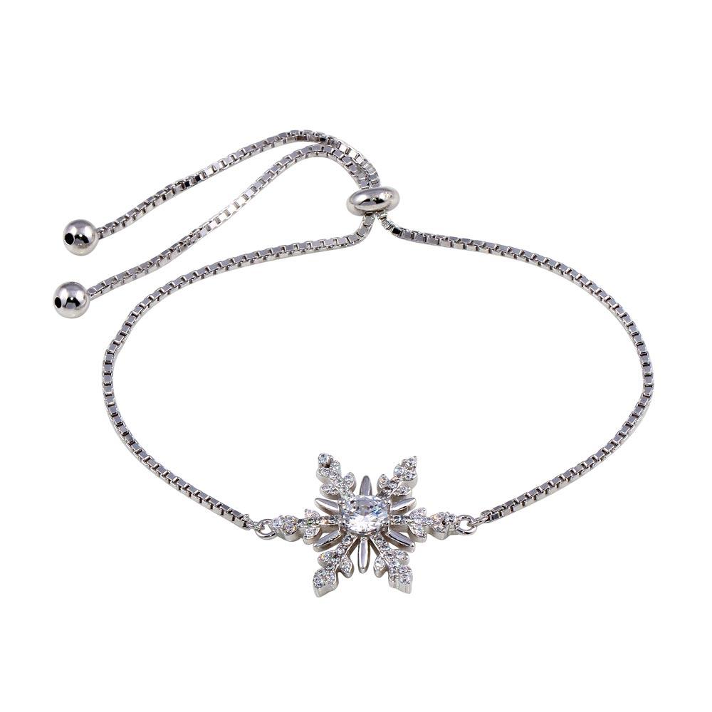 Rhodium Plated 925 Sterling Silver Lariat Snow Flakes CZ Bracelet - STB00576