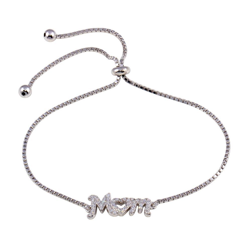 Rhodium Plated 925 Sterling Silver Lariat Mom CZ Bracelet - STB00577