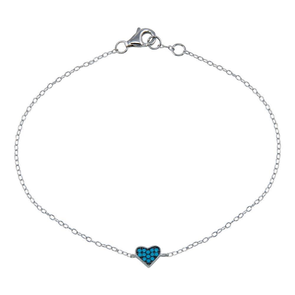 Rhodium Plated 925 Sterling Silver Turquoise Heart Bracelet - STB00589-BLU